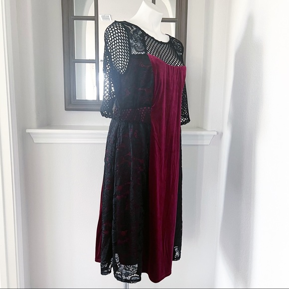 Kiyonna Dress Plus Size Velvet Lace Mesh Combo Burgundy Black Size 1 (14/16) NEW - Picture 4 of 11